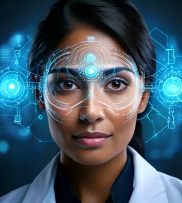 Firefly A futuristic doctor's face with one eye replaced by an AI-powered cybernetic lens, scanning