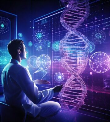 Firefly A surreal depiction of an AI-generated hologram analyzing a patient’s DNA strands in real-ti