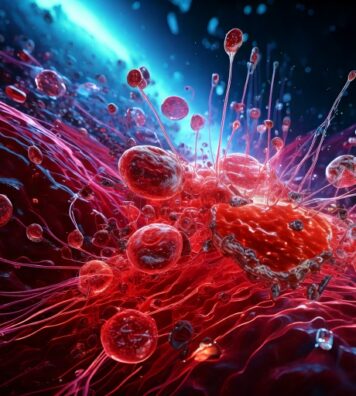 Firefly A surreal microscopic view of AI-infused nanobots inside a human bloodstream, glowing with h