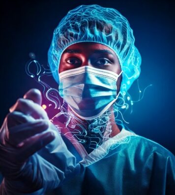 Firefly Give AI in Medicine close up of images which are neon and surreal, doctors face or in surger